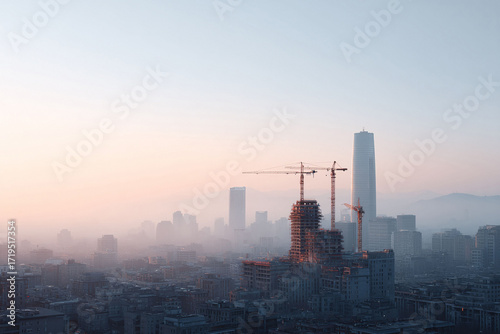 Urban panorama at sunrise. Features construction cranes erecting a skyscraper amidst a misty cityscape. Growth, development, or investment concepts.