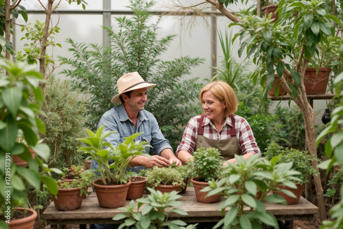 man and woman sitting together in greenhouse tending potted plants, both smiling and engaging in gardening activity surrounded by lush greenery