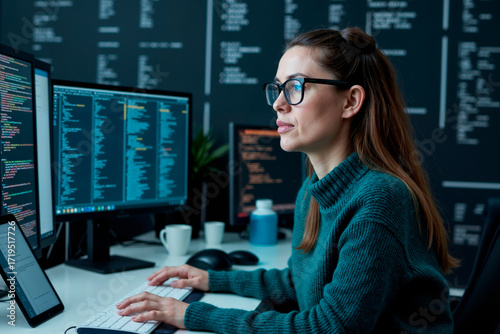 woman working at computer workstation, typing on keyboard and analyzing code on multiple monitors in modern office, wearing eyeglasses and focused expression