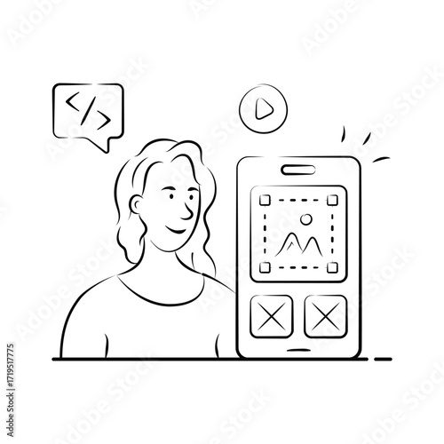 Illustration of a developer creating a user interface for mobile app and website.