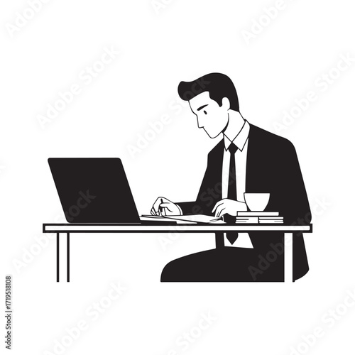 Black and white line art of a hardworking man at office desk with laptop and documents minimalist illustration