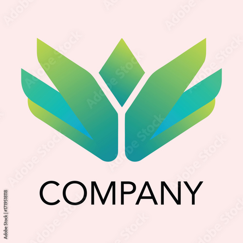 Abstract green and blue gradient lotus flower logo design with company text on light background