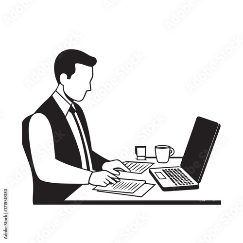 Black and white line art of a hardworking man at office desk with laptop and documents minimalist illustration