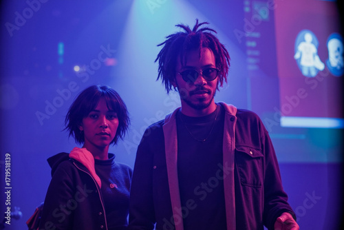 Black man wearing sunglasses and Asian woman standing together in nightclub , both looking toward camera with serious expressions, illuminated by purple lighting