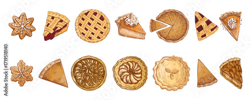 Hand drawn vintage sketch set of festive pies, cake slices and gingerbread cookies with icing decoration