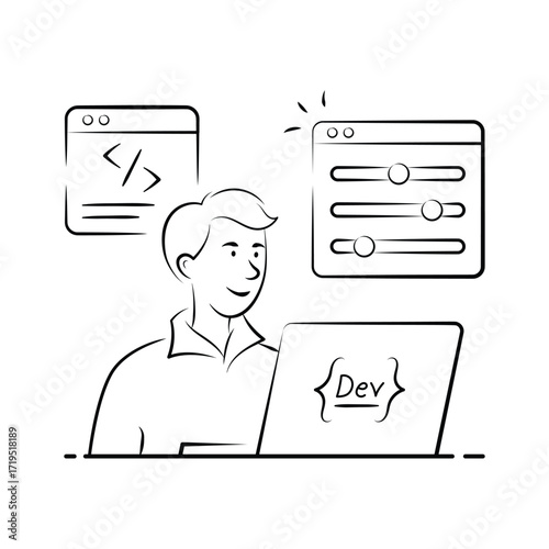 Hand drawn illustration of a software developer working on a laptop.