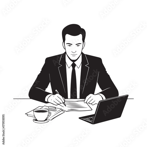 Black and white line art of a hardworking man at office desk with laptop and documents minimalist illustration