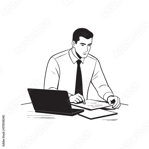 Black and white line art of a hardworking man at office desk with laptop and documents minimalist illustration