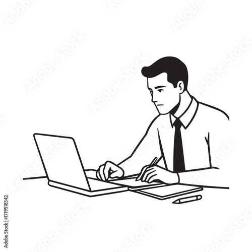 Black and white line art of a hardworking man at office desk with laptop and documents minimalist illustration
