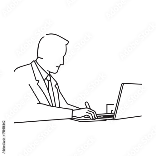 Black and white line art of a hardworking man at office desk with laptop and documents minimalist illustration