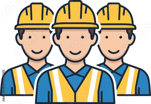 Team of construction workers in hard hats and safety vests professional industrial labor force group illustration vector