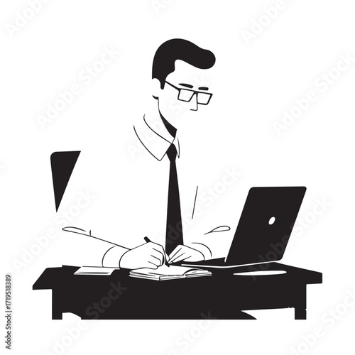 Black and white line art of a hardworking man at office desk with laptop and documents minimalist illustration
