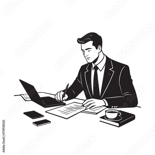 Black and white line art of a hardworking man at office desk with laptop and documents minimalist illustration