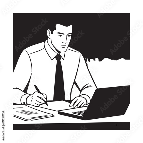 Black and white line art of a hardworking man at office desk with laptop and documents minimalist illustration
