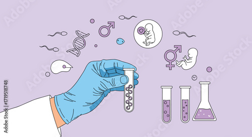 Exploring the intricate world of human reproduction and genetic research using laboratory tools and scientific symbols.