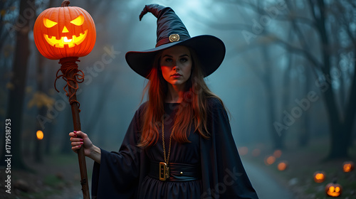 Witch holding a jack o’ lantern staff glowing in the night