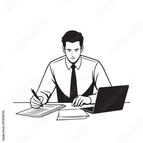 Black and white line art of a hardworking man at office desk with laptop and documents minimalist illustration