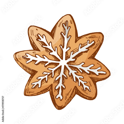 Hand drawn vintage sketch of christmas gingerbread cookie snowflake with white icing decoration, isolated vector illustration