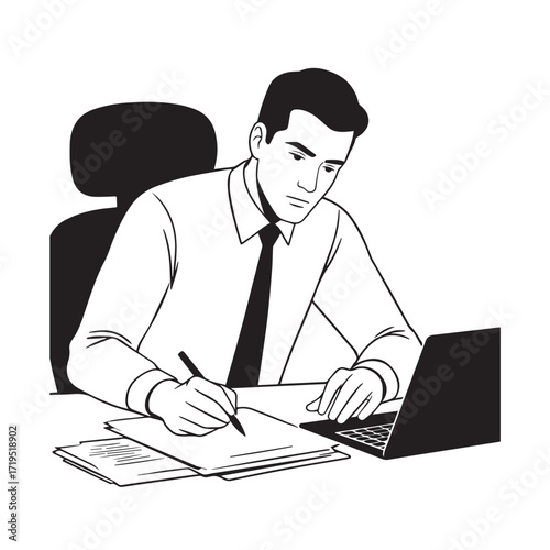 Black and white line art of a hardworking man at office desk with laptop and documents minimalist illustration
