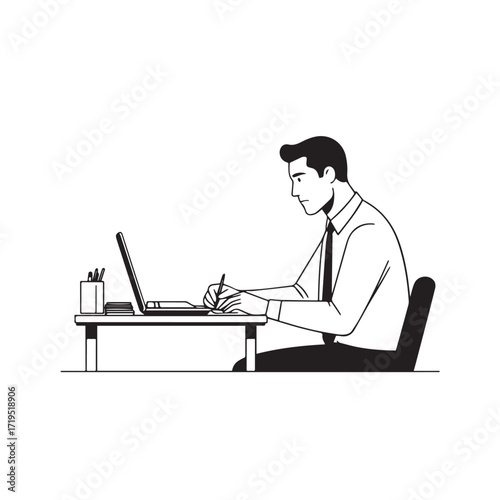 Black and white line art of a hardworking man at office desk with laptop and documents minimalist illustration