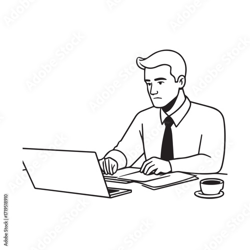 Black and white line art of a hardworking man at office desk with laptop and documents minimalist illustration