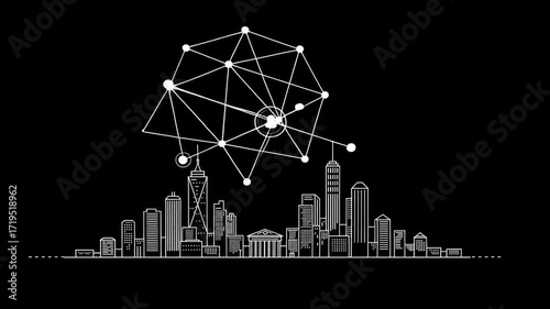 Abstract city skyline with geometric network overlay