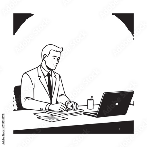 Black and white line art of a hardworking man at office desk with laptop and documents minimalist illustration