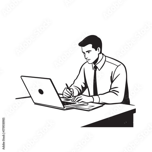 Black and white line art of a hardworking man at office desk with laptop and documents minimalist illustration