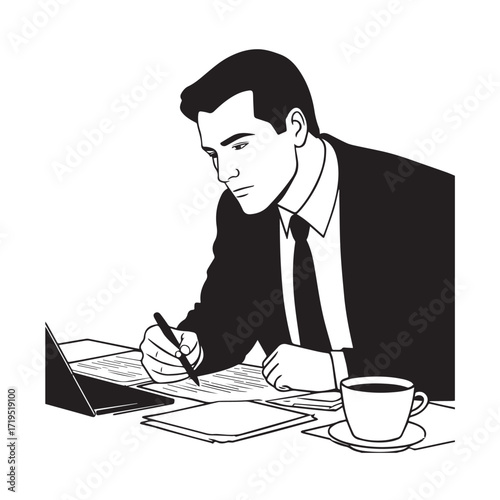 Black and white line art of a hardworking man at office desk with laptop and documents minimalist illustration