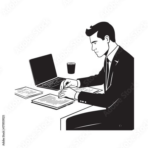 Black and white line art of a hardworking man at office desk with laptop and documents minimalist illustration