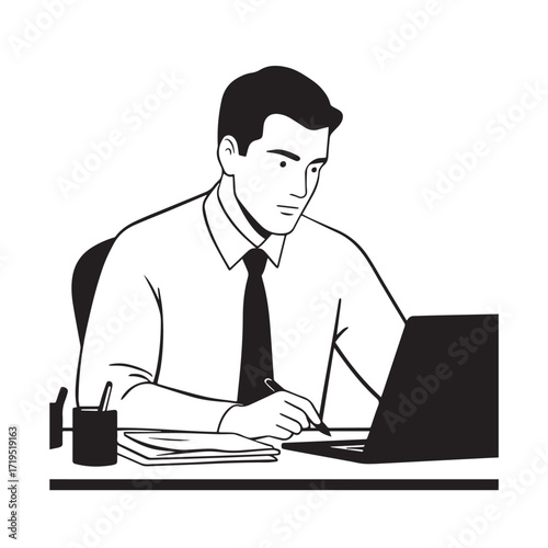 Black and white line art of a hardworking man at office desk with laptop and documents minimalist illustration