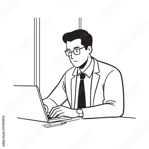 Black and white line art of a hardworking man at office desk with laptop and documents minimalist illustration