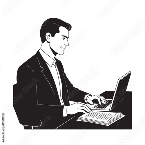 Black and white line art of a hardworking man at office desk with laptop and documents minimalist illustration
