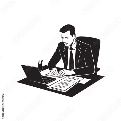 Black and white line art of a hardworking man at office desk with laptop and documents minimalist illustration