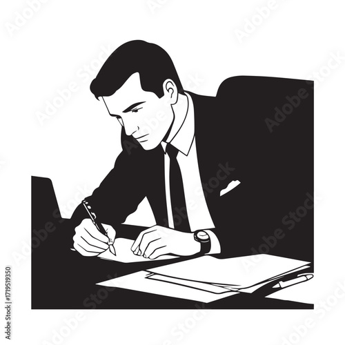 Black and white line art of a hardworking man at office desk with laptop and documents minimalist illustration
