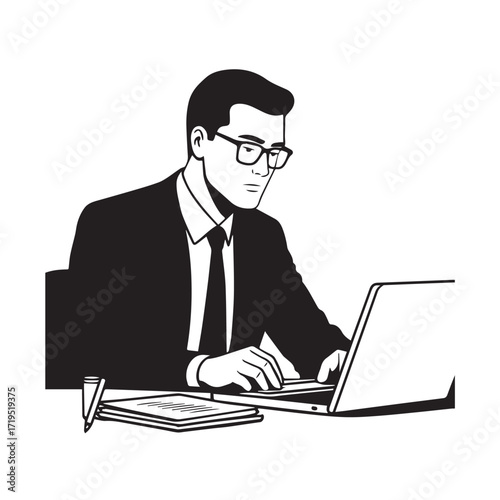 Black and white line art of a hardworking man at office desk with laptop and documents minimalist illustration