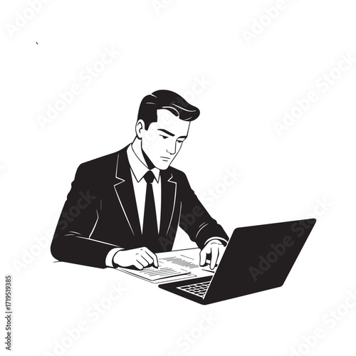 Black and white line art of a hardworking man at office desk with laptop and documents minimalist illustration