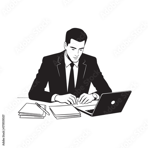 Black and white line art of a hardworking man at office desk with laptop and documents minimalist illustration