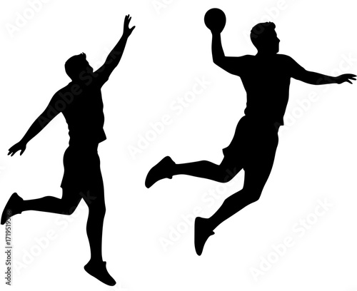 Double Handball Players in Black Silhouette Mid-Game
