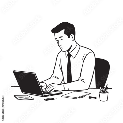 Black and white line art of a hardworking man at office desk with laptop and documents minimalist illustration