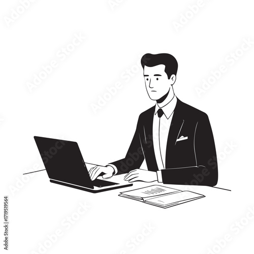 Black and white line art of a hardworking man at office desk with laptop and documents minimalist illustration