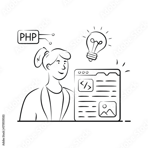 Developer coding creatively with PHP and lightbulb innovation concepts.