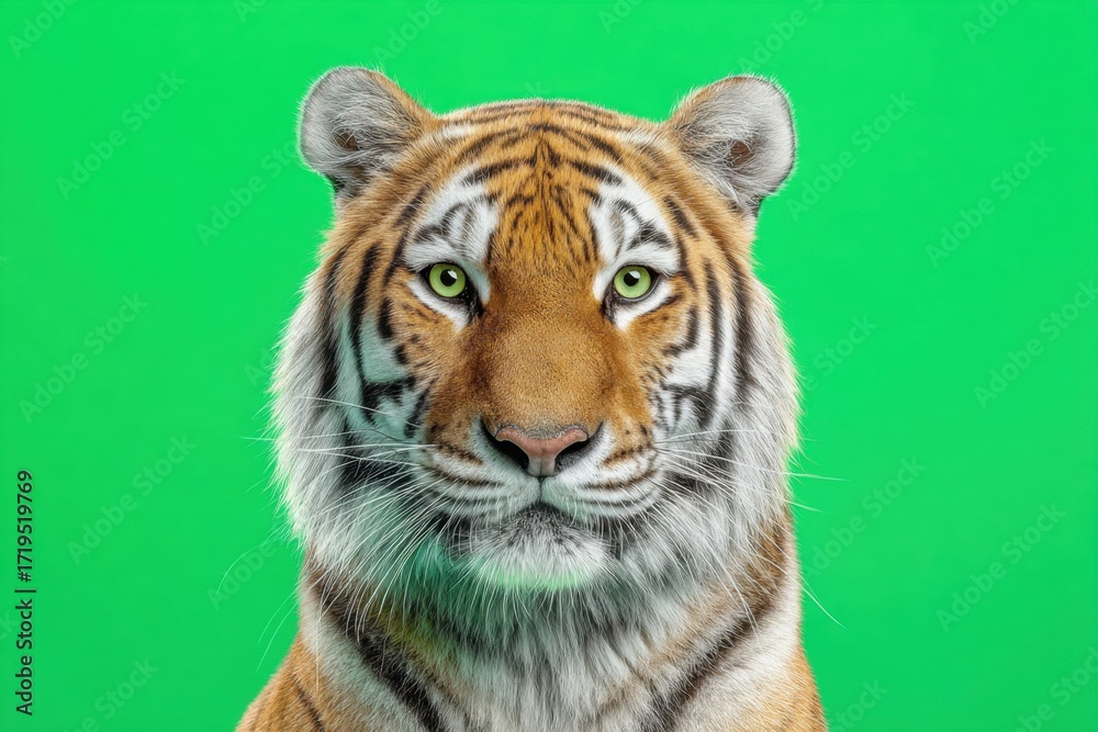 Obraz premium Cute Bengal tiger portrait isolated on green color background. Funny tiger in front looking at camera. Space for text. Angry Sumatran tiger on studio backdrop. Wildlife. Wild animals. Panthera Tigris