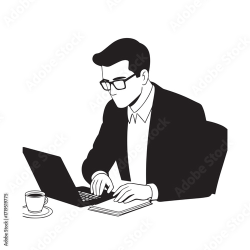 Black and white line art of a hardworking man at office desk with laptop and documents minimalist illustration