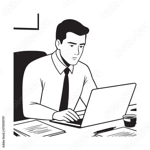 Black and white line art of a hardworking man at office desk with laptop and documents minimalist illustration