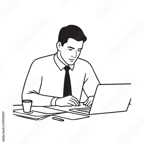 Black and white line art of a hardworking man at office desk with laptop and documents minimalist illustration