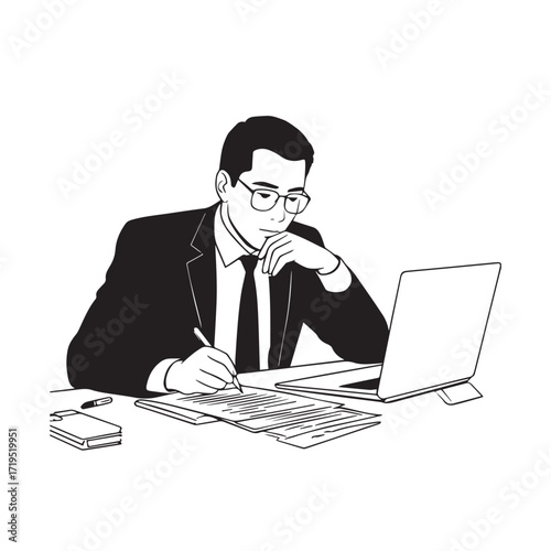 Black and white line art of a hardworking man at office desk with laptop and documents minimalist illustration