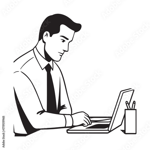 Black and white line art of a hardworking man at office desk with laptop and documents minimalist illustration