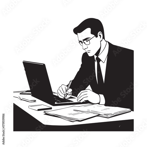 Black and white line art of a hardworking man at office desk with laptop and documents minimalist illustration