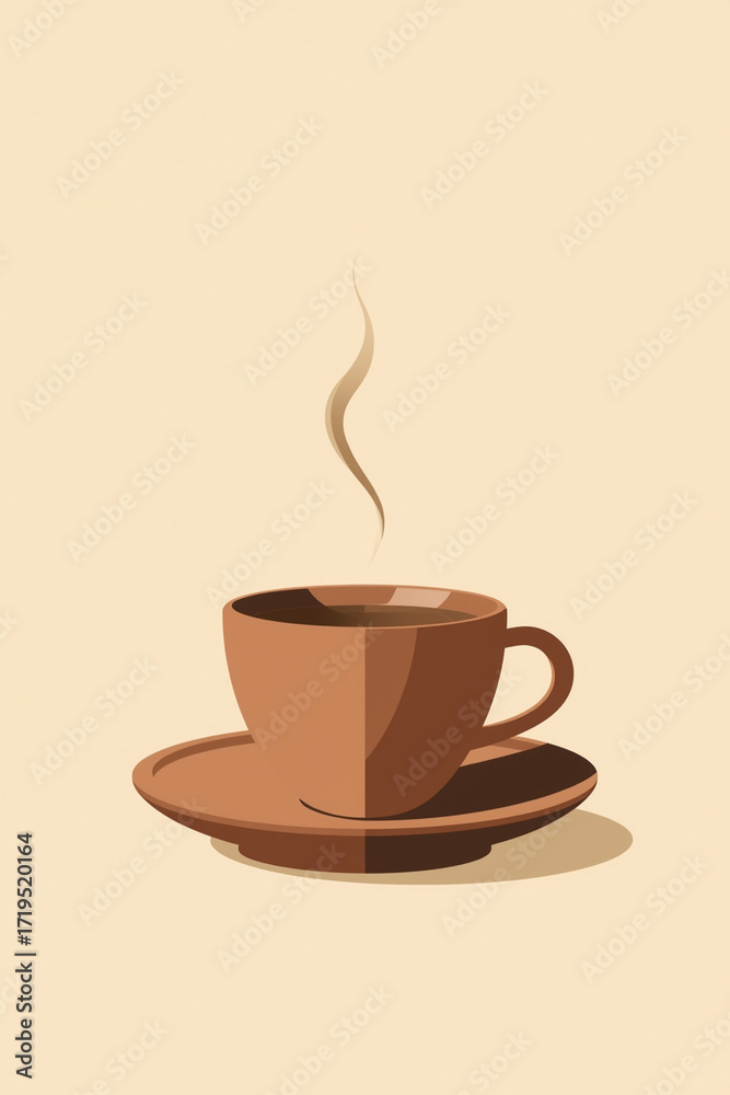 Fototapeta premium Flat minimalist illustration of coffee cup on saucer, smooth geometric curves, warm brown and beige palette, subtle steam icon above, background in muted pastel, suitable for branding,